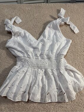 Pink Lily White Eyelet Smocked Tie‑Strap Top
